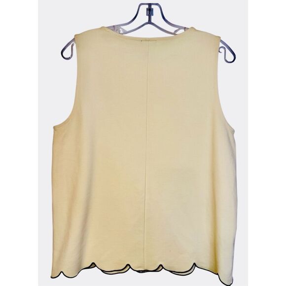 Ann Taylor Sleeveless Scalloped Tier Shirt Butter Yellow W/Navy Piping Sz. M - Picture 2 of 3
